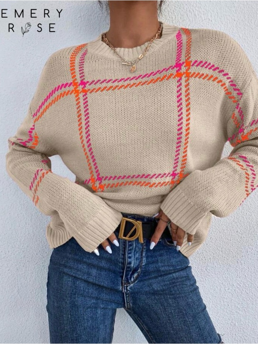 SHEIN Plaid Knit Sweater - Pink and Orange